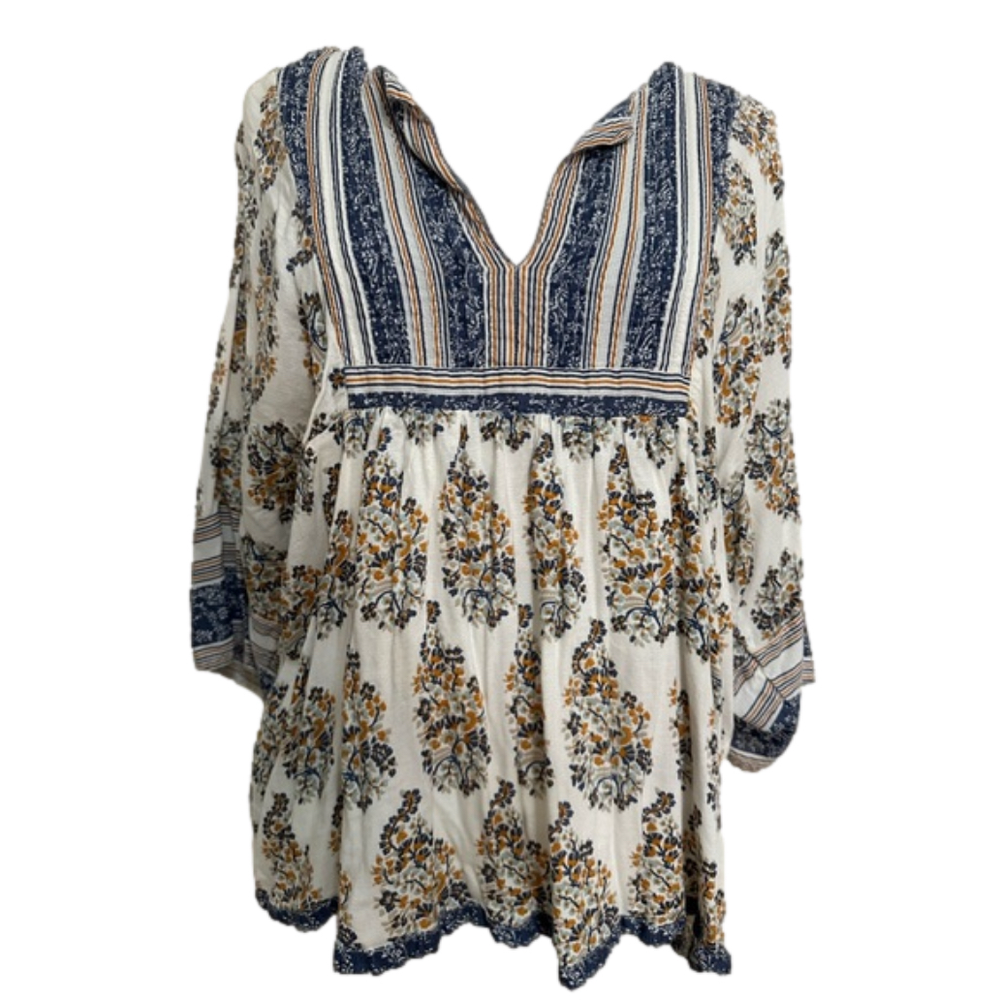 Lucky Brand Cream Floral Boho Peasant Blouse with Navy & Mustard